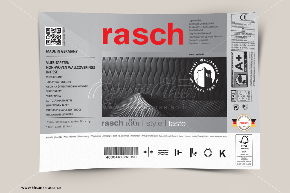 لیبل داخل رولهای کاغذ دیواری “َبه سفارش شرکت راش آلمان”   /   “The label in rolls of wallpaper “Order the Company rasch Germany